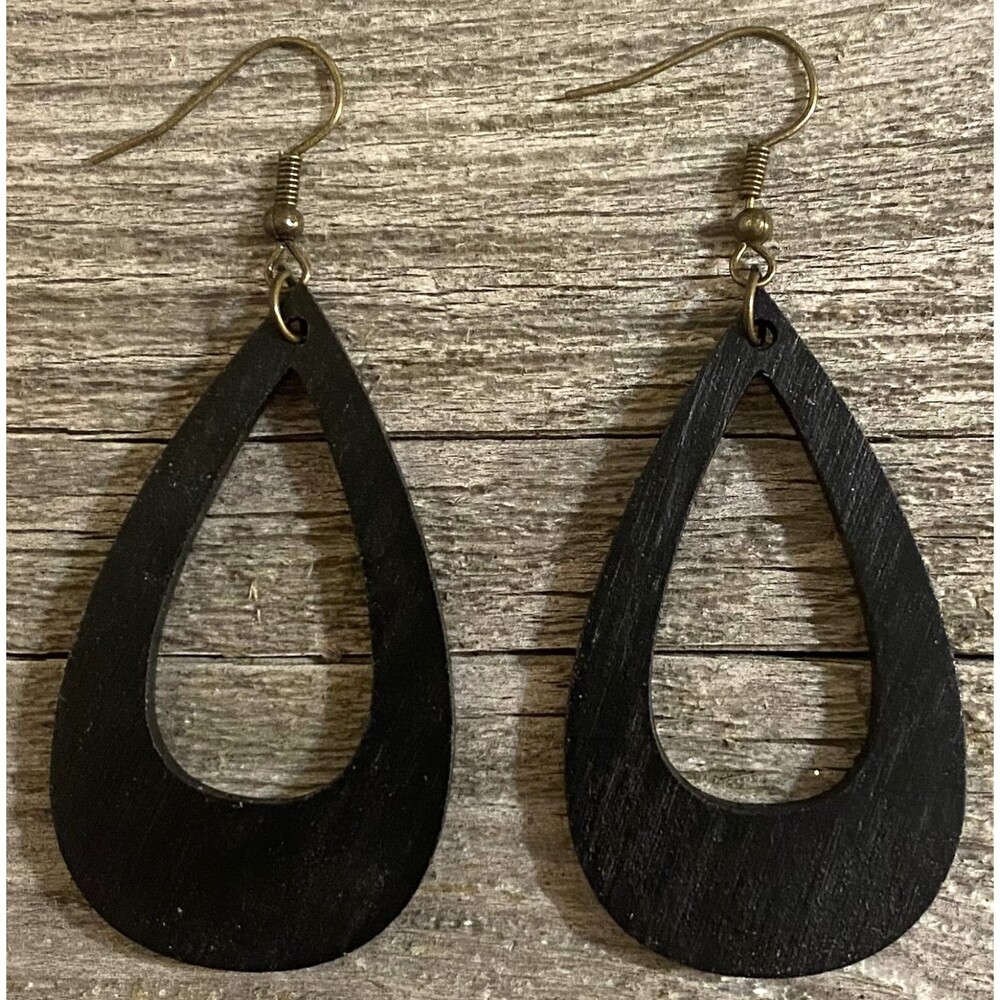 Wood Earrings - 2" x 1.63" - Offset Teardrop - Black - E007-44